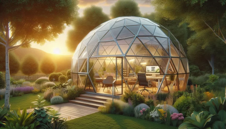 Microsoft Privacy Statement Consumer Health Privacy Third Party Notices Terms of Use FAQs A sleek geodesic dome nestled in a lush, green backyard setting under a golden sunrise. The dome is constructed with transparent and tinted smart glass panels, showcasing its innovative technology. Through the glass, hints of a modern, ergonomic office setup are visible, including a stylish desk, a high-back chair, and soft ambient lighting. In the foreground, native plants and vibrant flowers create a natural, inviting frame around the dome. A retractable awning extends partially, offering a shaded outdoor seating area with contemporary furniture. To one side, a fire pit or patio space hints at relaxation, with cozy chairs arranged in a semicircle.